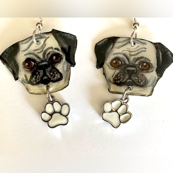 Pug dogs handpainted earrings dangle OOAK - Picture 2 of 3